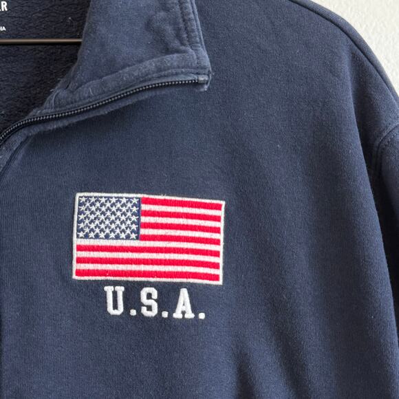 Hollister Navy Blue Easy USA Graphic Half Zip Sweatshirt Slightly Cropped Size L - Picture 2 of 5